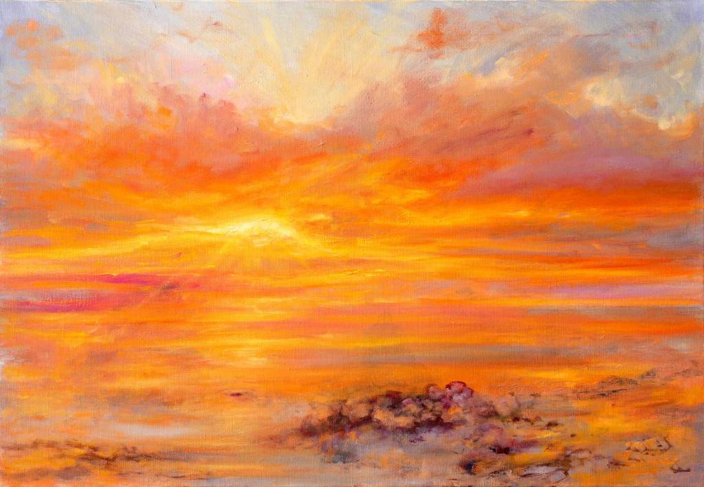 Orange sunset in Bretagne, France. Peinture à l'huile coucher de soleil à la plage, saint-Brevin-les-Pins paysage plage. Les Rochelets. art contemporain galerie d'art à saint-Brevin-les-Pins oeuvre de l'artiste peintre Mathieu Clément, galerie d'art de Zéro à l'infini. Landscape art with sun, sunset, lights, oil on canvas of a french painter