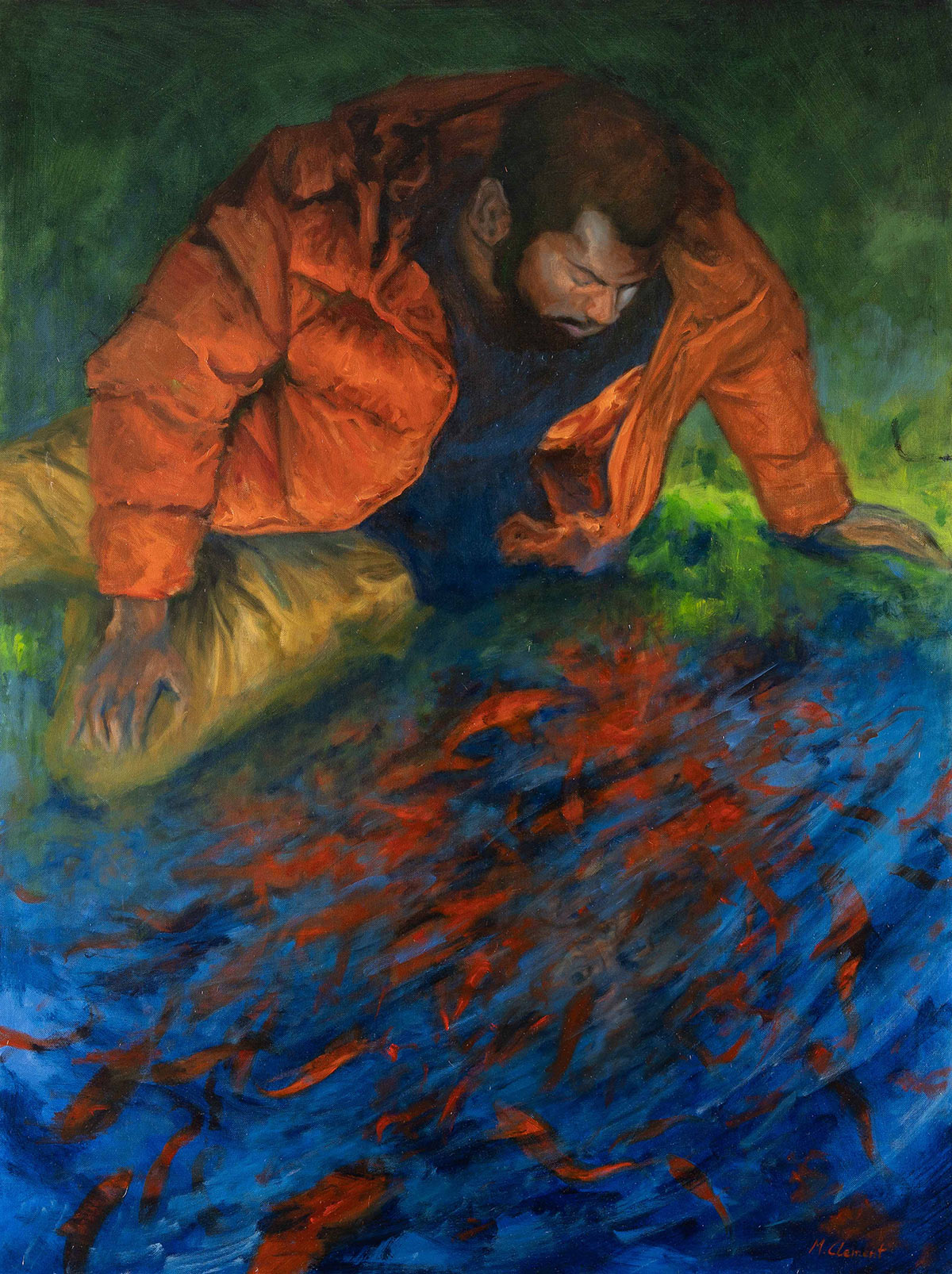 Toile conceptuelle de l'artiste Français Mathieu Clément. Huile sur toile grand format, on y voit un homme au bord de l'eau qui regarde son reflet tel Narcisse, mais son reflet se transforme en abstraction avec des formes abstraites de poissons qui rappellent sa doudoune orange, son portrait esquissé dans l'eau est suggéré. cette peinture figurative est entre la figuration et l'abstraction, elle est exposée à la galerie d'art dans la galerie de Zéro à l'infini à Saint-Brevin-les-Pins et a été exposée à Paris. c'est de l'art figuratif contemporain, Mathieu Clément est un artiste de la scène contemporaine française.
Painting by the french artist Mathieu Clément. It's a figurative painting with touches of abstraction. it is a contemporary painting exposed in a art gallery in France